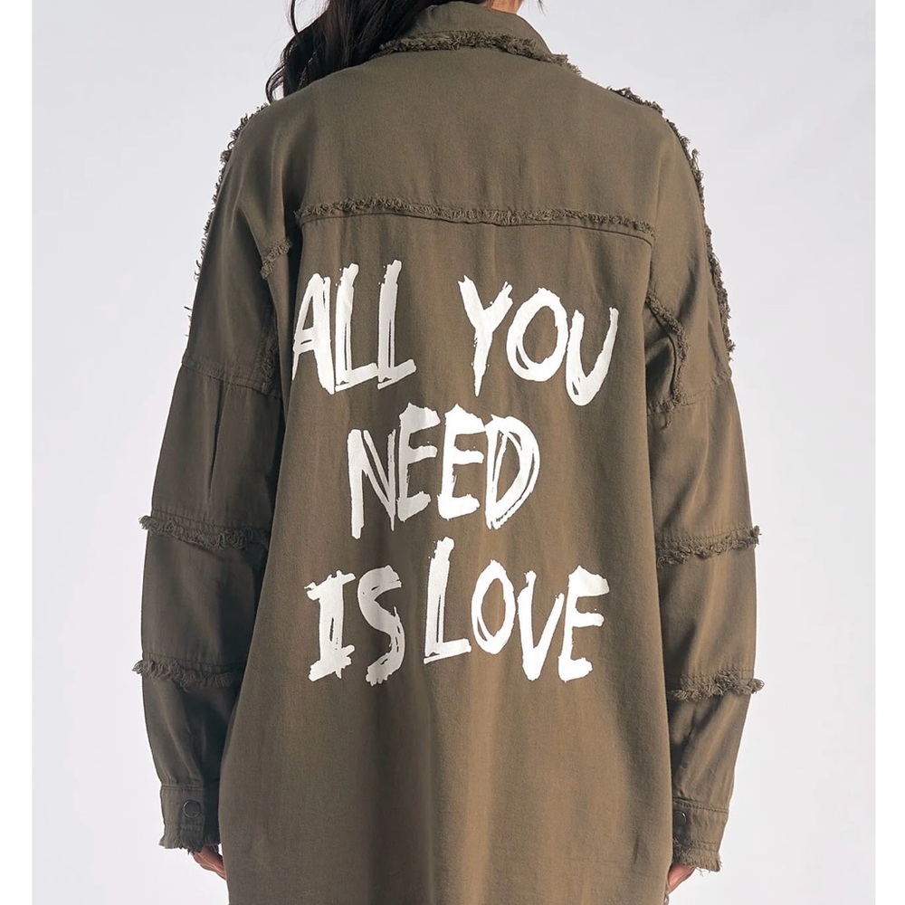 Women’s Olive Green Graphic Long Jacket - All You Need Is Love - Picture 2 of 10